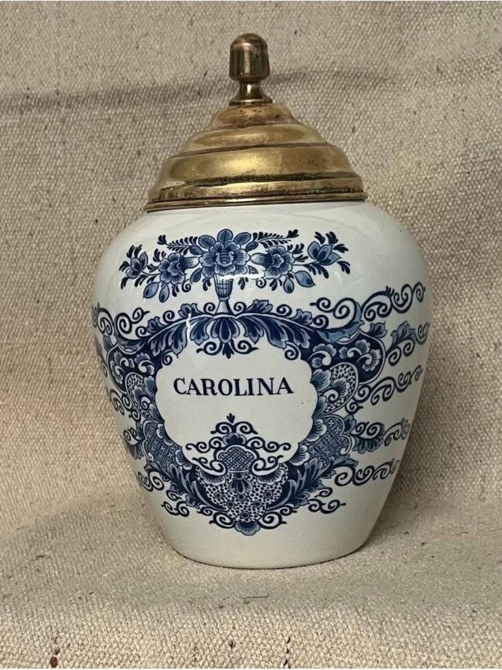 Delft Carolina Vintage Blue and White Tobacco Jar with Brass Lid